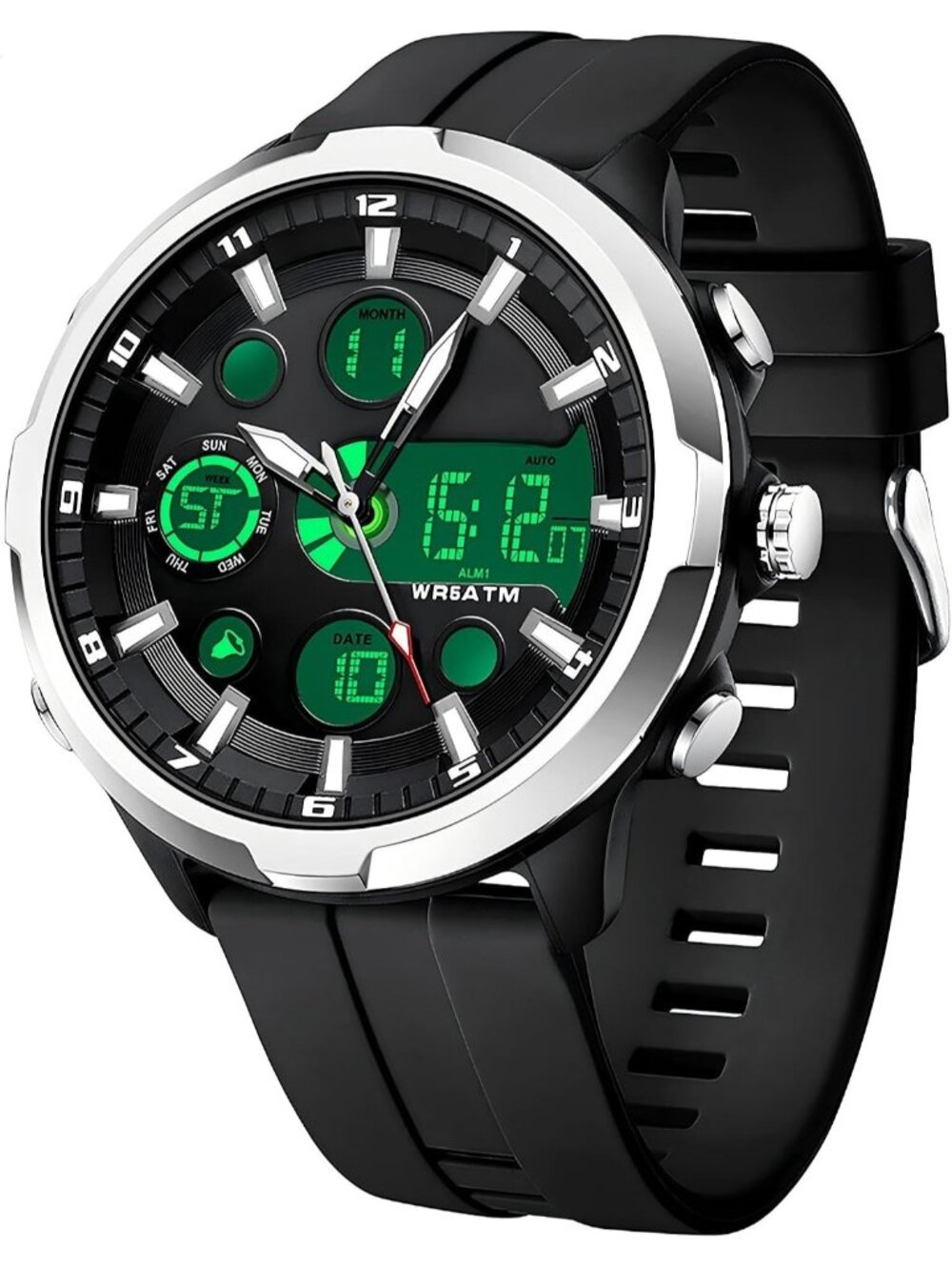 Men Silver Large Face Watches Chronograph Waterproof Sport Military Heavy Duty